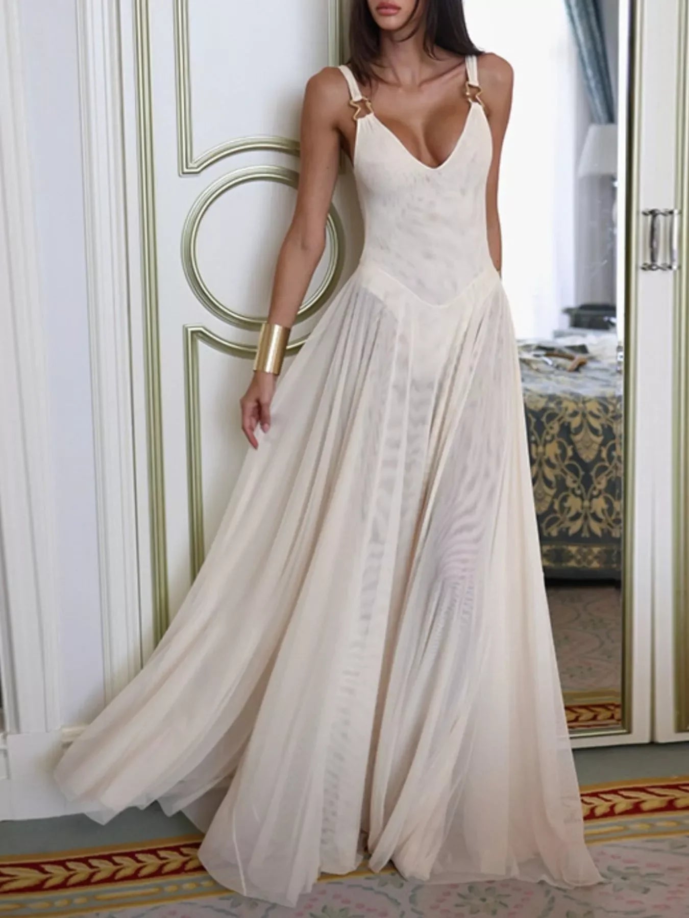 gold sheer maxi dress sheer long dress Sheer-Bodice Long Prom Dress with Floral Appliques Gold /  XSmall