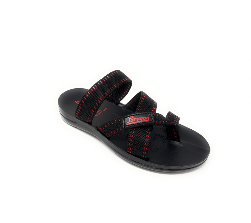 Paragon Mens 6962 Black with Red Stripes Woven Denim Flip Flop Sandals