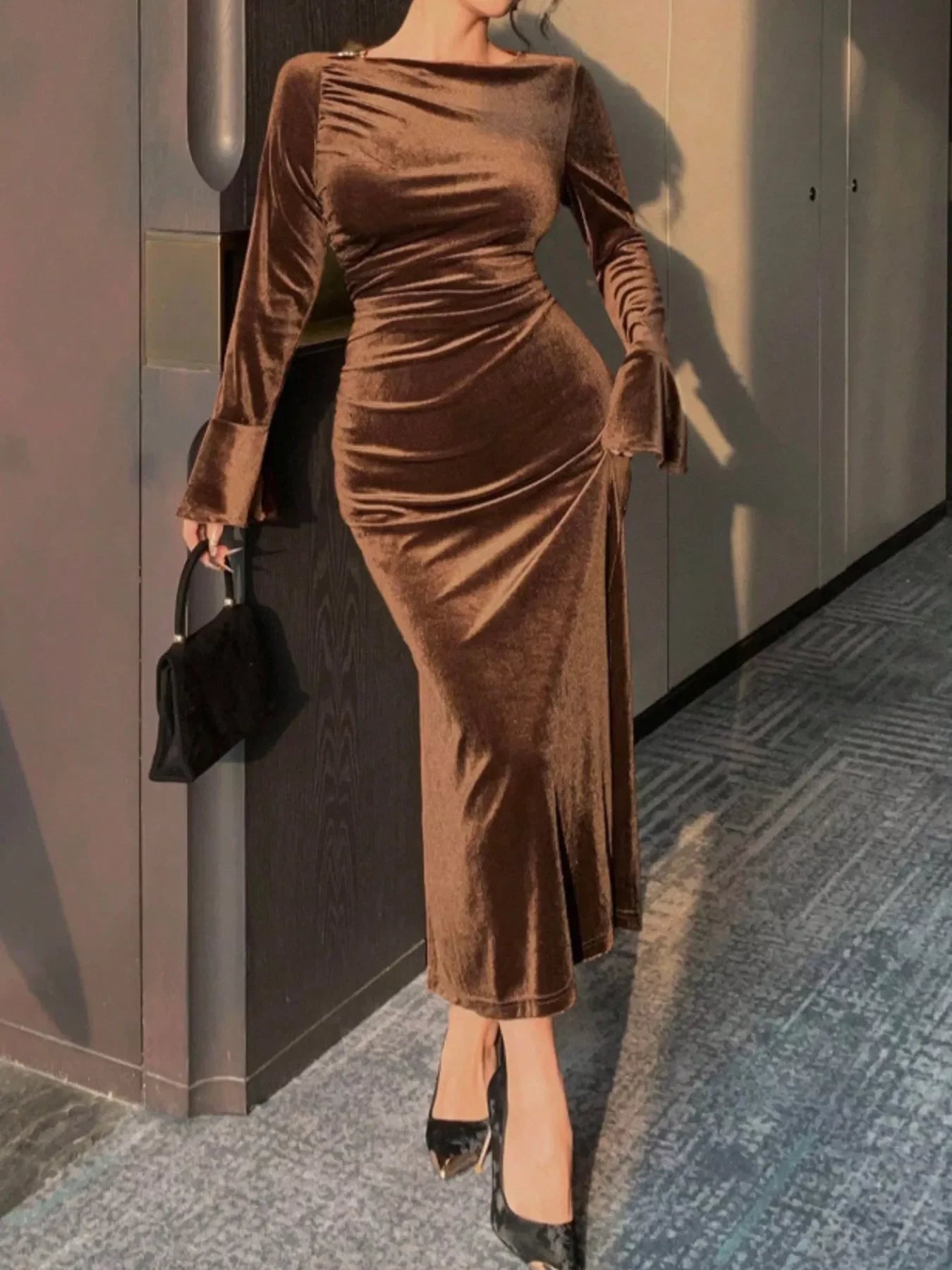 velvet ruched midi dress Bodycon Brown / M rbfp2_3.0_50 Crafted for confidence XS:L/XL Mauve Fluffy Knit Sleeveless