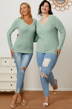 Two women in mint green ribbed sweaters and ripped blue skinny jeans posing indoors