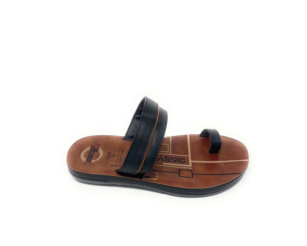 Black casual comfort slide sandal with wide strap and toe ring on brown footbed