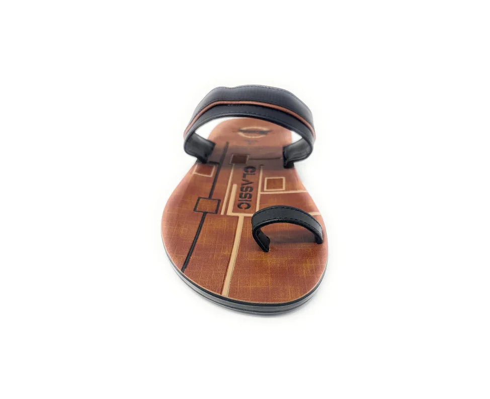 Black casual comfort slide sandal with toe ring on patterned brown footbed, front view