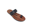Black casual comfort slide sandal with toe ring and brown patterned footbed on white background