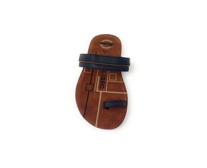 Men's black toe ring comfort slide sandal with brown patterned sole on white background