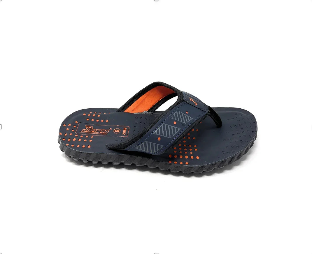 Navy blue and orange men's flip flop sandal with textured sole and geometric strap pattern