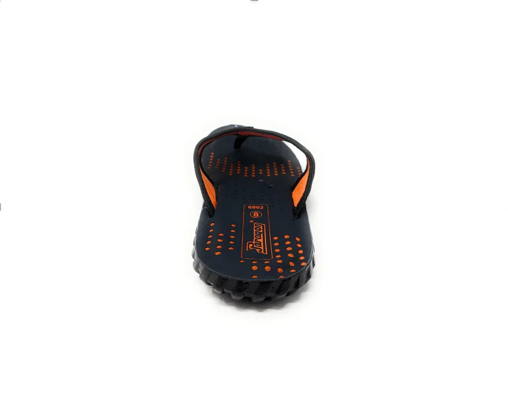 Black and orange men's flip flop sandal with textured sole on white background