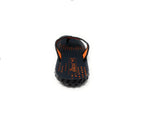 Black and orange men's flip flop sandal with textured sole on white background