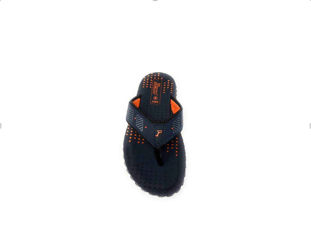 Navy blue and orange men's flip flop sandal with textured sole on white background