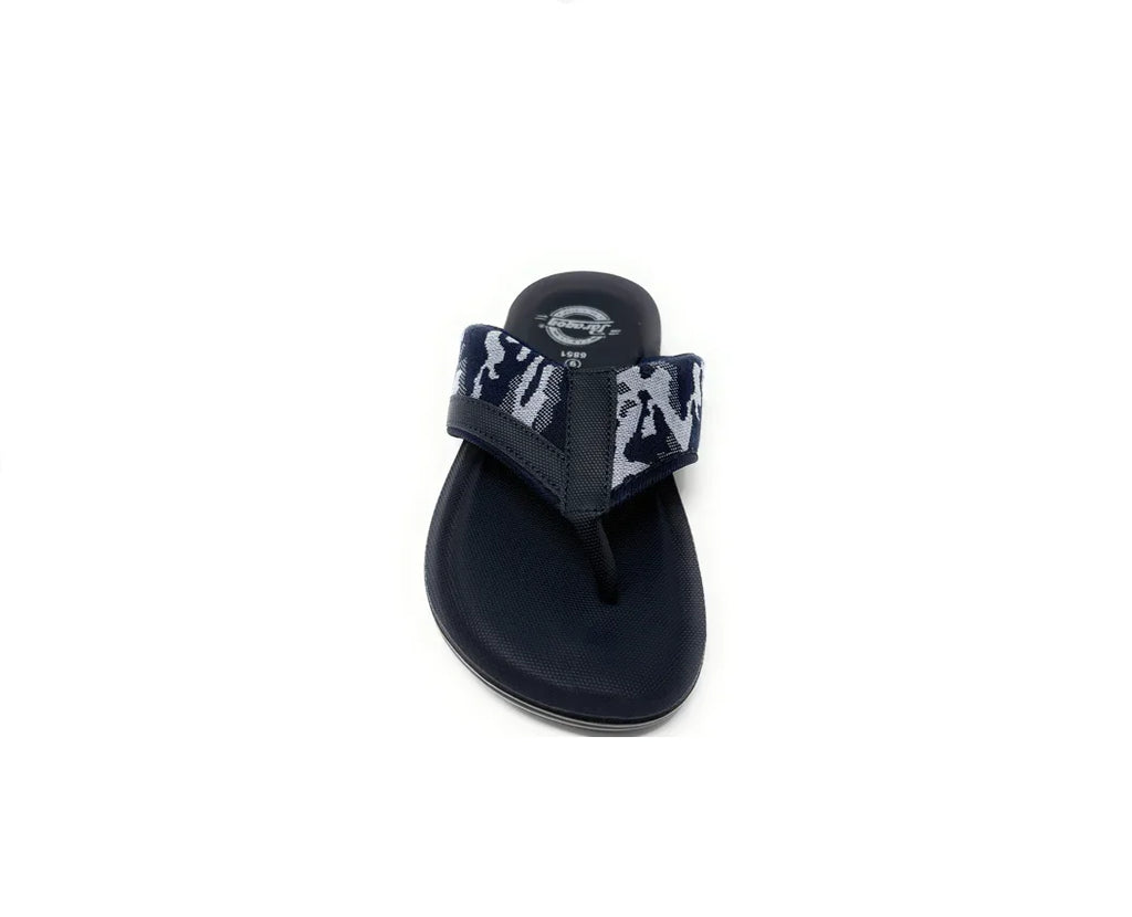 Navy blue flip flop sandal with camouflage pattern strap, casual footwear on white background