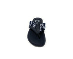 Navy blue flip flop sandal with camouflage pattern strap, casual footwear on white background