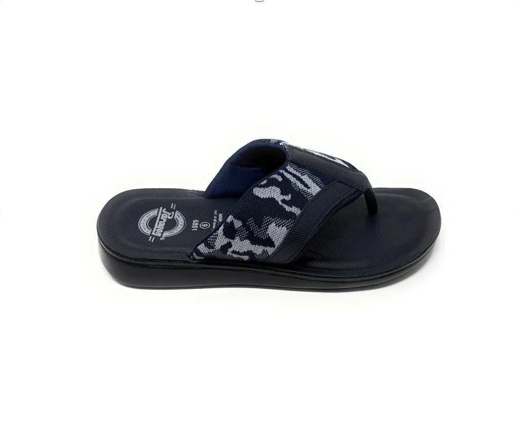Men’s navy blue camo flip flop sandal with cushioned sole on white background
