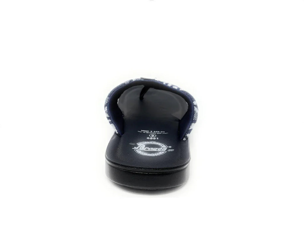 Navy blue open-toe sandal with cushioned sole on a white background