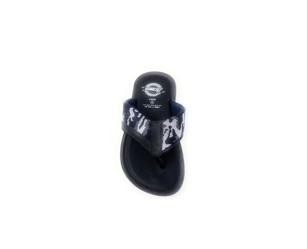 Men's black sandal with camo print fabric strap, comfortable casual footwear