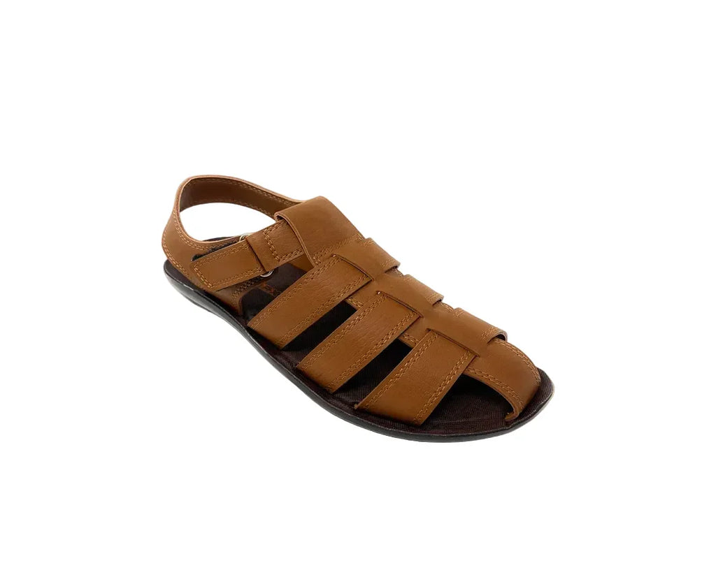 Brown leather fisherman sandal for men with open toe and closed back on white background
