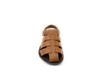 Front view of brown leather woven sandal on white background