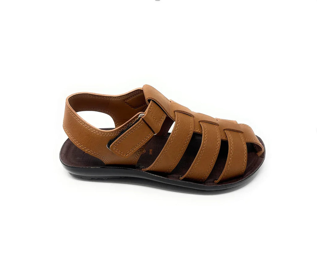 Brown leather men's sandal with adjustable velcro strap on white background