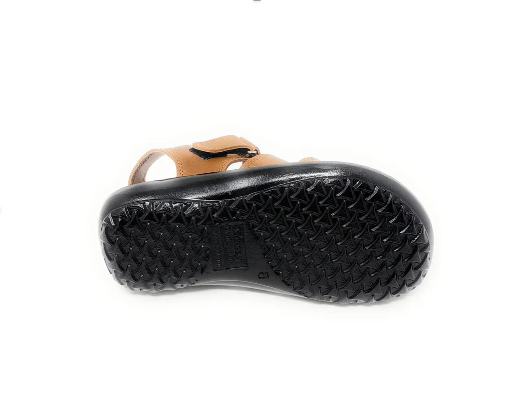 Tan sandal with black textured sole, non-slip outsole, family footwear fashion