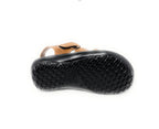 Tan sandal with black textured sole, non-slip outsole, family footwear fashion