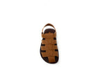 Brown leather closed-toe sandal with woven straps on a white background