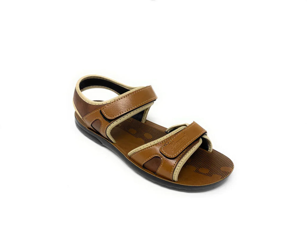Brown open-toe sandal with adjustable straps and cushioned sole on white background