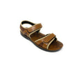 Brown open-toe sandal with adjustable straps and cushioned sole on white background