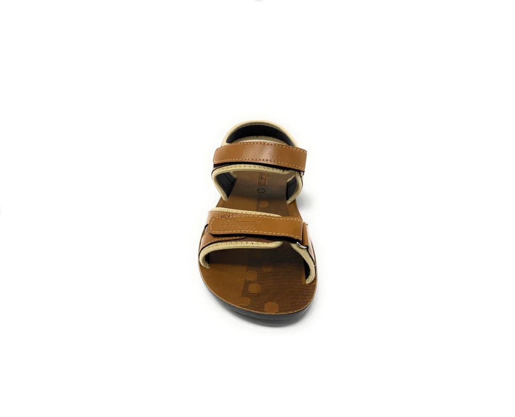 Brown open-toe sandal with double velcro straps, family footwear on white background