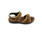 Men's brown open toe sandal with adjustable velcro straps and cushioned sole on white background.