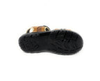 Bottom view of a brown sandal with textured black rubber sole for traction