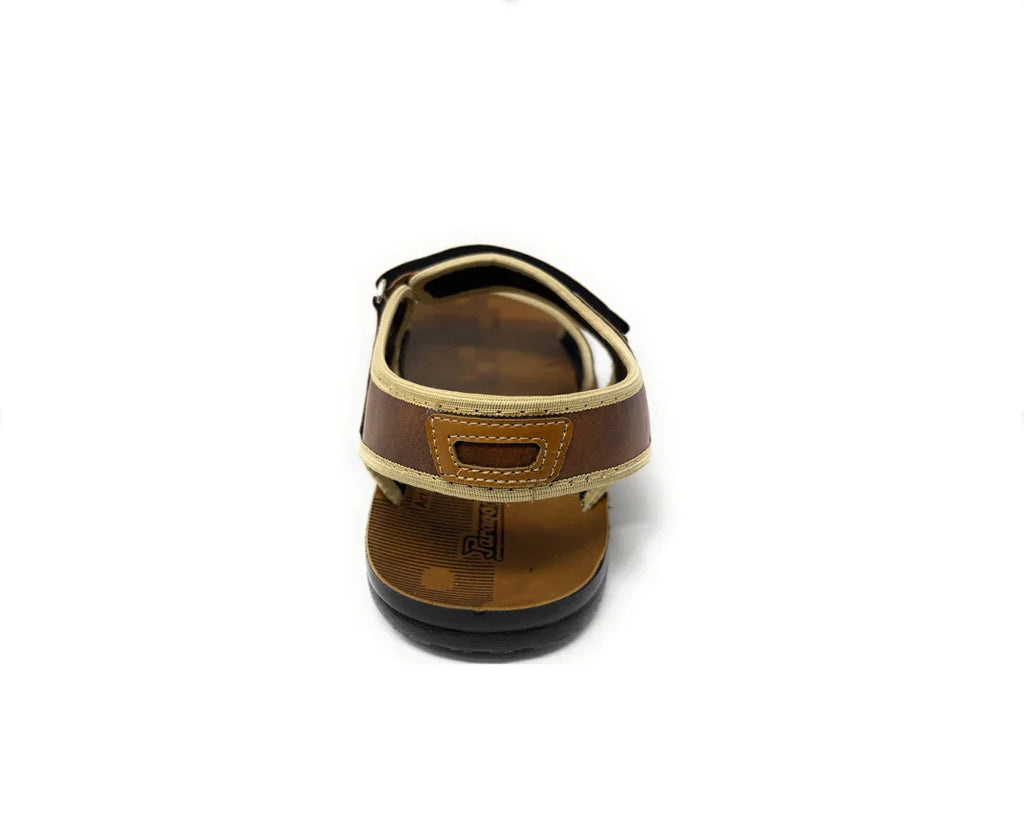 Brown open-toe sandal with adjustable back strap, shown from rear on white background