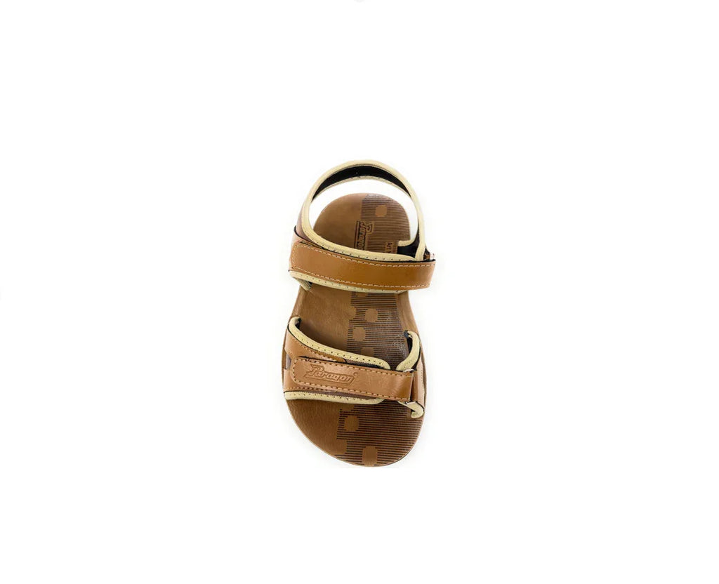 Brown open-toe sandal with adjustable straps, casual footwear on white background