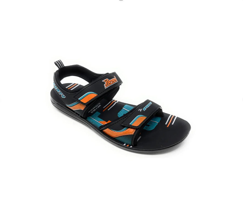 Black and orange men’s sports sandal with adjustable straps on a white background