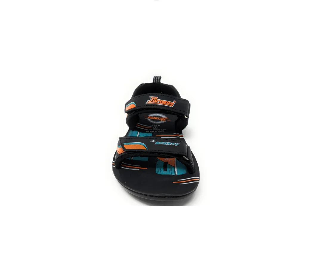 Black and orange sports sandal with adjustable straps and colorful accents, front view