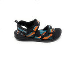 Black and orange kids sport sandal with adjustable Velcro straps and graphic accents