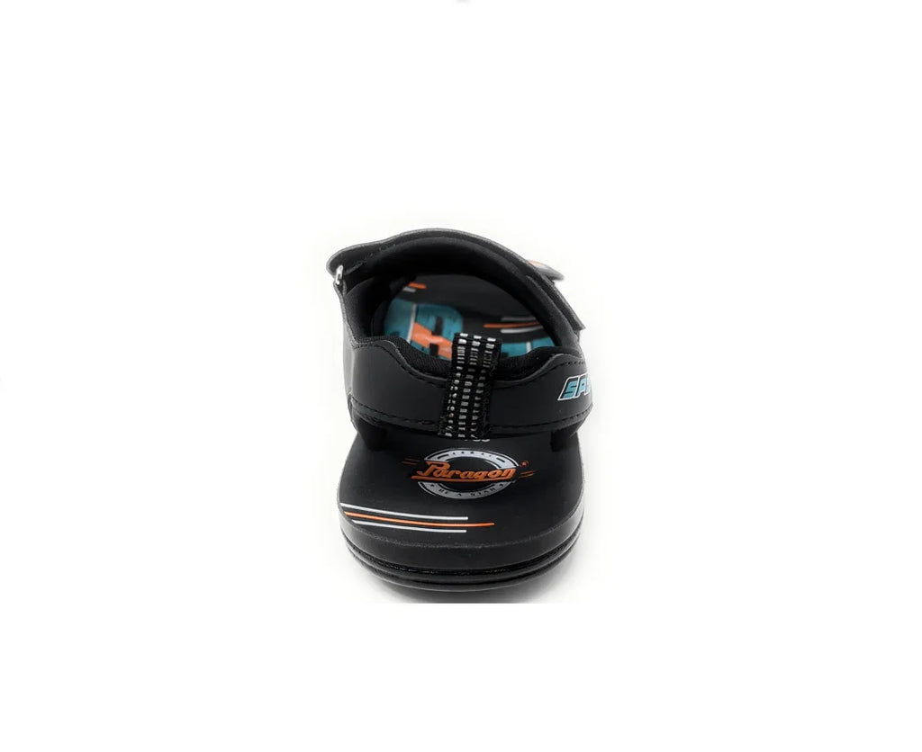 Front view of a black open-toe sandal with orange and blue detailing, kids footwear