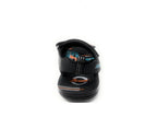 Front view of a black open-toe sandal with orange and blue detailing, kids footwear