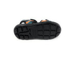 Black rubber sole of a kids sandal with textured grip, blue and orange strap visible