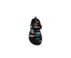 boy's black sports sandal with blue and orange accents, velcro straps, top view