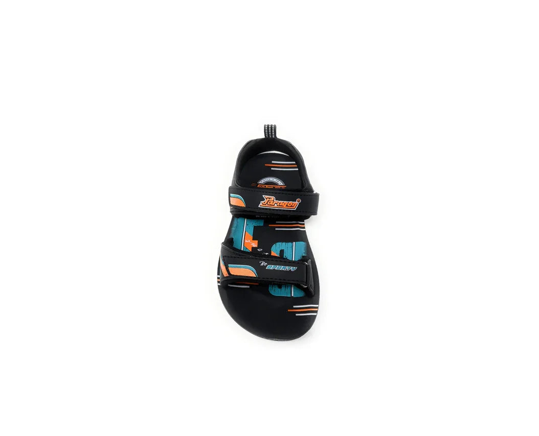 boy's black sports sandal with blue and orange accents, velcro straps, top view