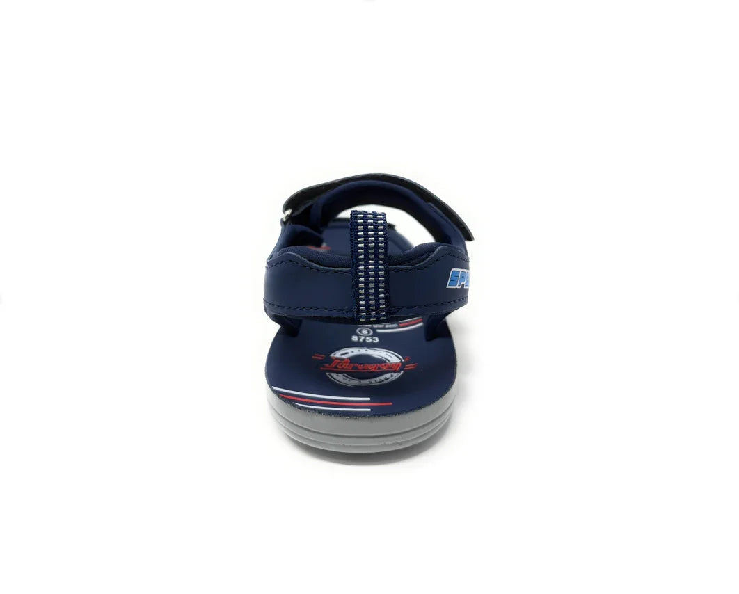 Rear view of a blue kids sandal with adjustable strap and printed footbed on white background