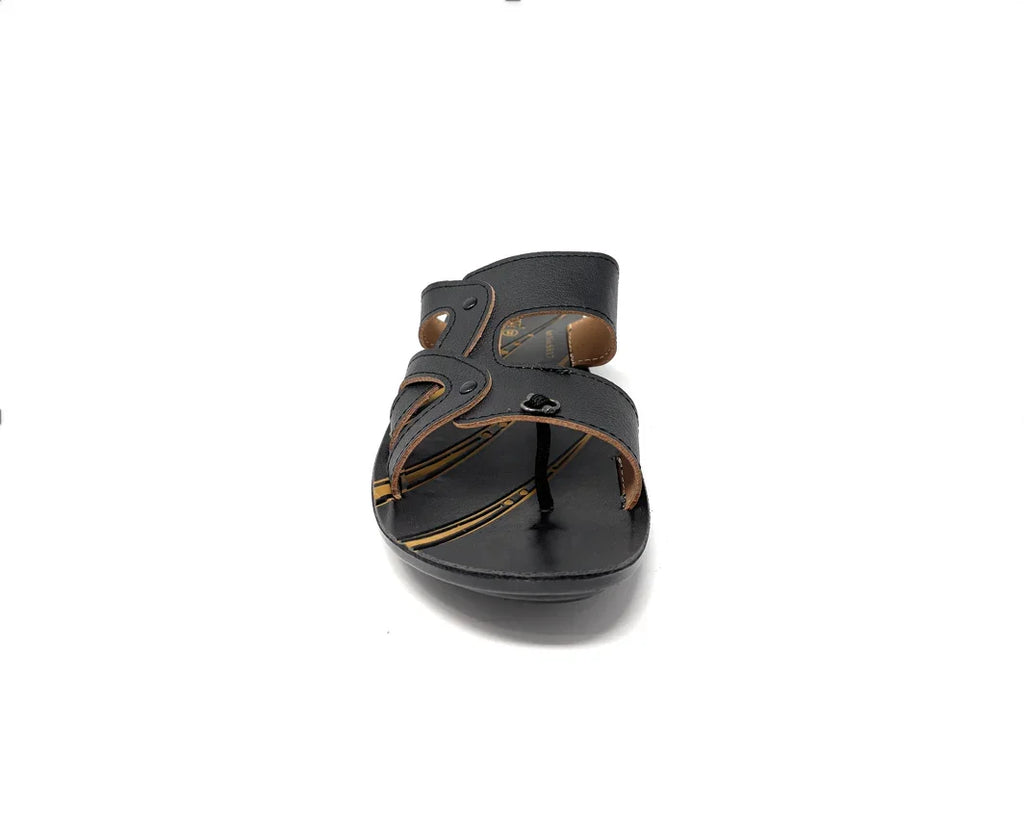 Front view of a black and brown men's leather sandal with open toe and slip-on design