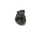 Front view of a black and brown men's leather sandal with open toe and slip-on design