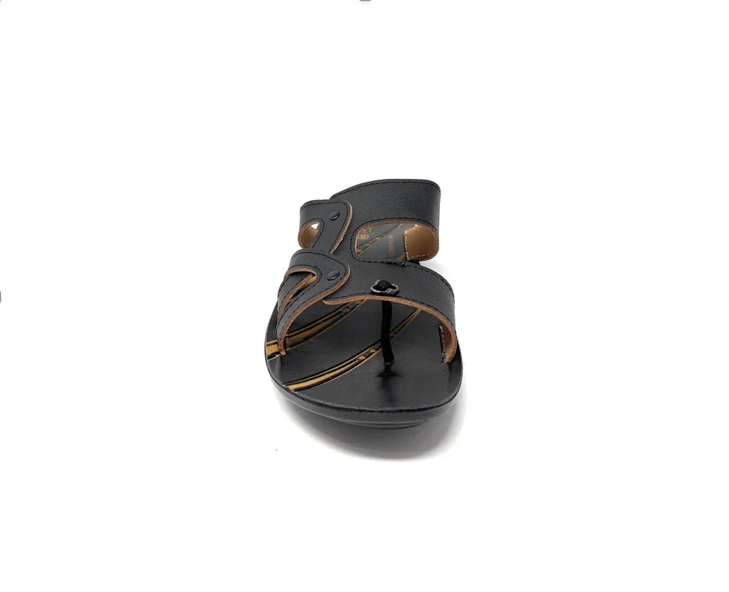 Front view of a black and brown men's leather sandal with open toe and slip-on design