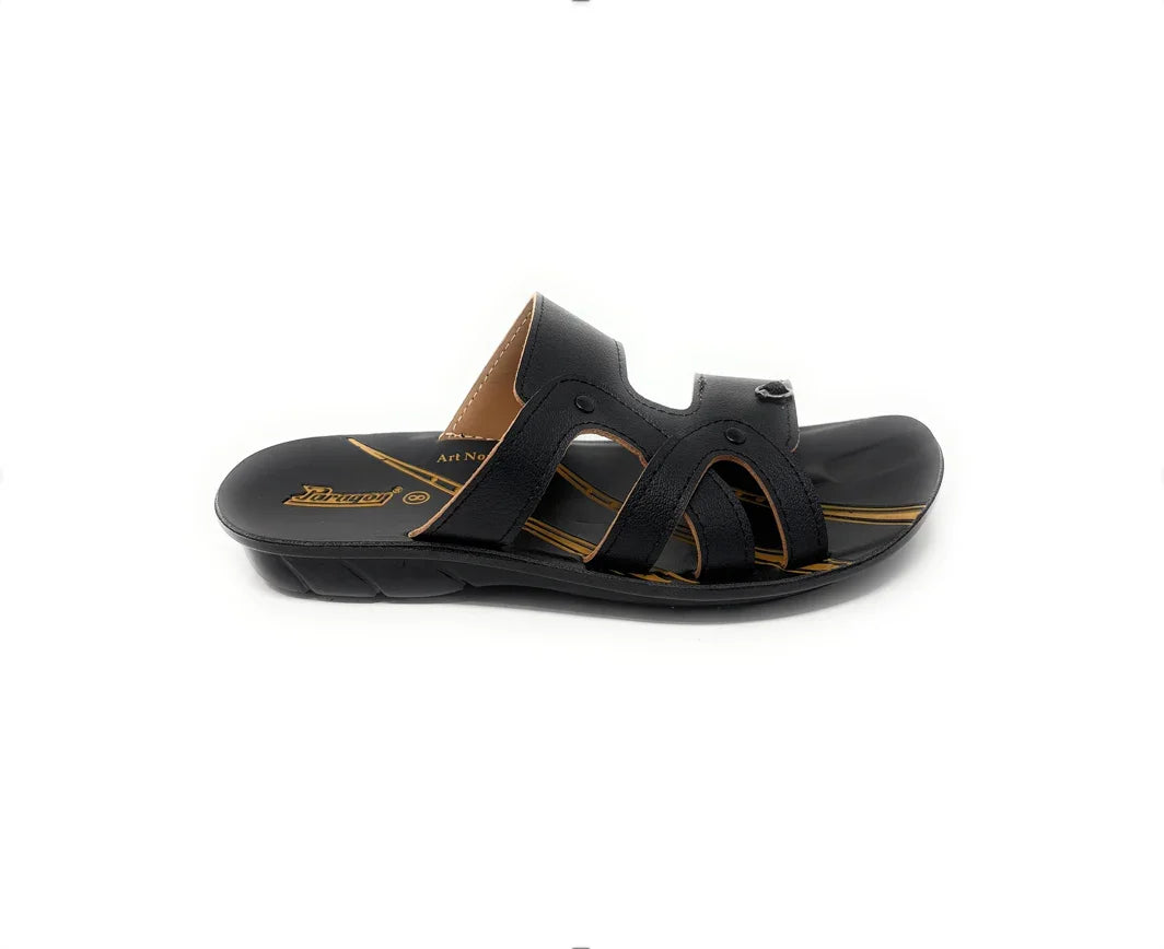 Black men's slip-on sandal with open toe and cutout straps on a white background