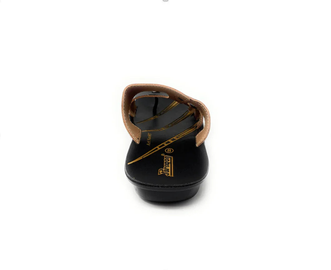 Brown and black slip-on sandal with open toe, low heel, and decorative stitching, front view