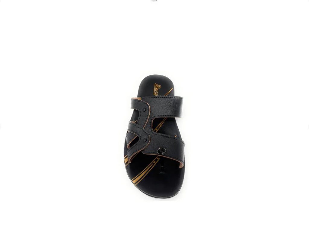Black men's slip-on sandal with two straps and stitching detail on white background