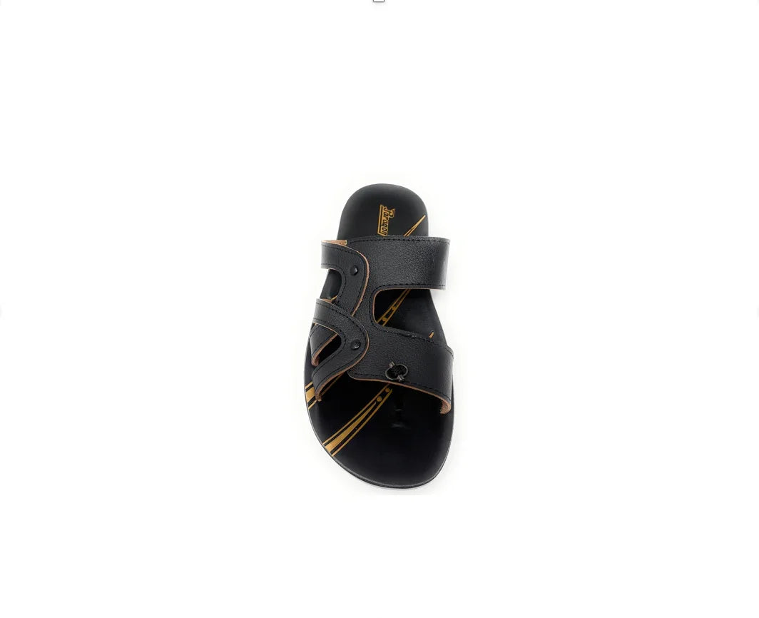 Black men's slip-on sandal with two straps and stitching detail on white background