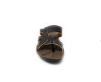 Brown slip-on sandal with cutout design and cushioned sole, front view on white background