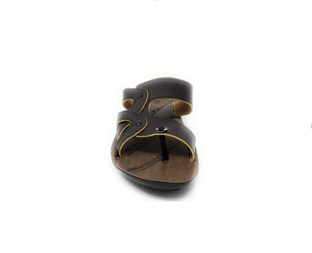 Brown slip-on sandal with cutout design and cushioned sole, front view on white background