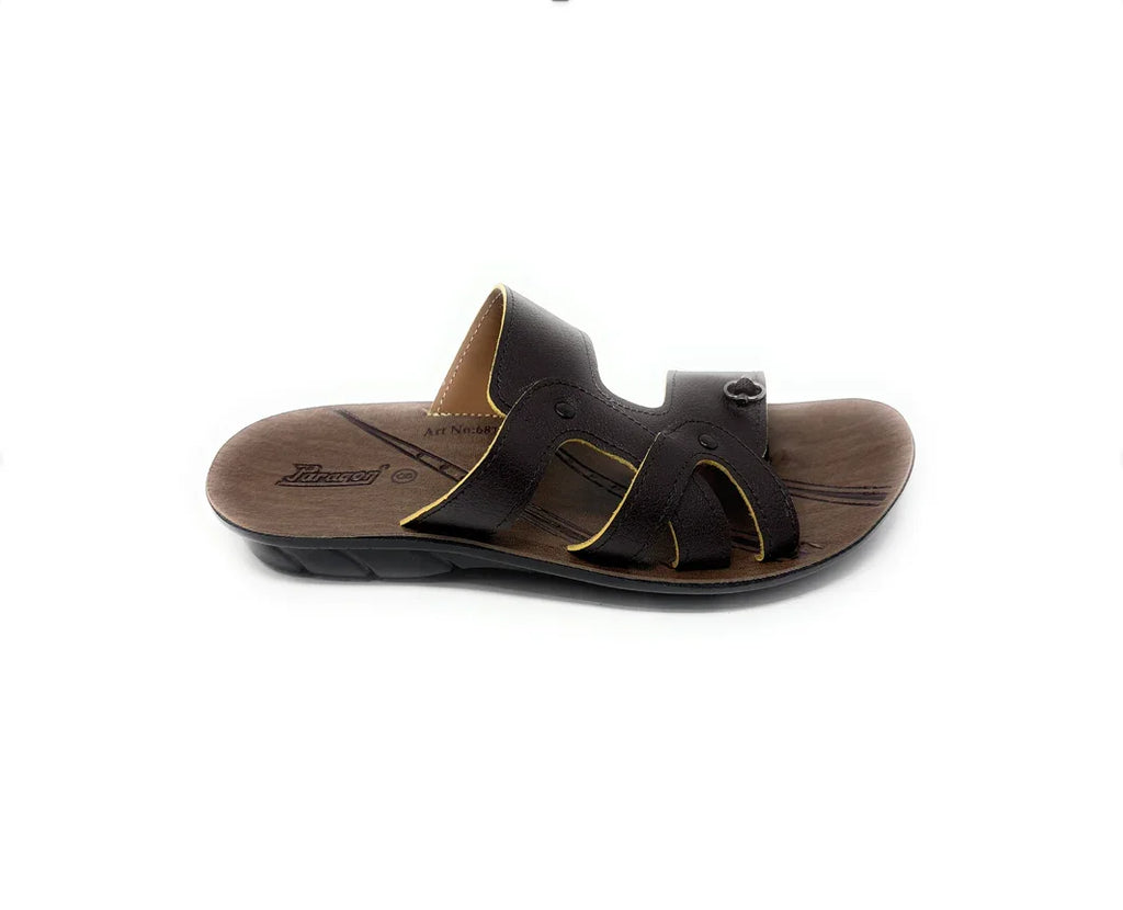 Men's brown open-toe sandal with cutout straps and cushioned footbed on white background