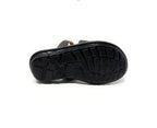 Black sandal shoe sole with textured grip on white background